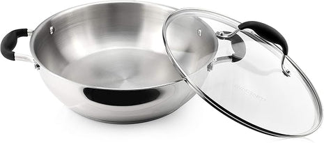 AVACRAFT 18/10 Stainless Steel Everyday Pan, Stir Fry, Five-Ply Base, Glass Lid, Multipurpose Stewpot Skillet, Saute, Casserole (11" Top Diameter, 8" Base Diameter)