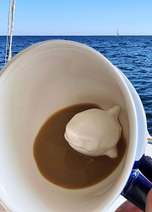 Creature Cups Great White Shark Ceramic Mug – 11 oz Navy Blue Coffee Cup with Hidden Ocean Animal Inside – Unique Gift for Coffee, Tea & Shark Lovers