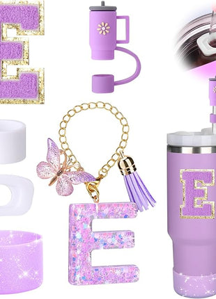 Mity rain 6PCS Cup Accessories Set for Stanley Cup 30oz 40oz tumbler with handle, Including Silicone Straw Topper Cover Cap and Boot, Spill Proof Stopper, Handle Charm, Initials Sticker (Letter E)