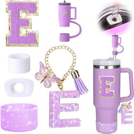 Mity rain 6PCS Cup Accessories Set for Stanley Cup 30oz 40oz tumbler with handle, Including Silicone Straw Topper Cover Cap and Boot, Spill Proof Stopper, Handle Charm, Initials Sticker (Letter E)
