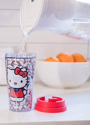 Silver Buffalo Sanrio Hello Kitty Pattern Double Wall Travel Tumbler w/Slide Close Lid, 20 Ounces, 16oz Allover Faces, 1 Count (Pack of 1)