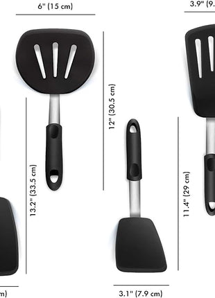 Set of 4 Silicone Spatula Utensils by Boxiki Kitchen. Professional Silicone and Stainless Steel Kitchen Spatula for Cooking, Pancakes, Eggs and Fish.