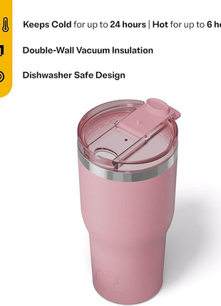 RTIC 30oz Essential Tumbler with Lid, Ceramic Lined, Insulated, Stainless Steel, Metal, Double Wall Vacuum-Insulation, Travel Cup for Iced Coffee, Tea, Hot and Cold Drink, Dusty Rose