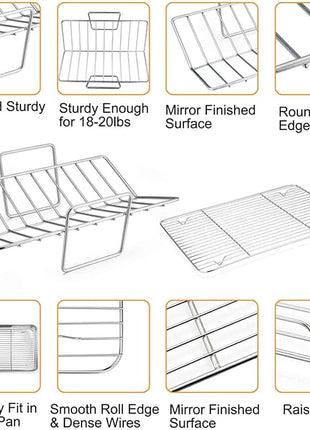 TeamFar Stainless Steel Roasting Pan, 16 Inch Large Turkey Roaster Lasagna Pan with V Rack & Cooling Rack Set for Roasting, Baking, Healthy & Heavy Duty, Deep Side & Dishwasher Safe - 3 PCS