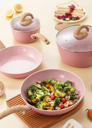 Non Stick Pots and Pans Set, Healthy Ceramic Cookware Set, 12pcs Kitchen Cooking Pots and Frying Sauce Saute Pans Set, PFAS-Free with Kitchen Utensils and Lid, Pink