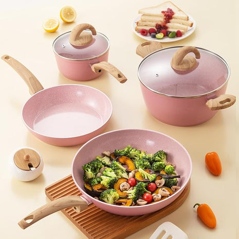 Non Stick Pots and Pans Set, Healthy Ceramic Cookware Set, 12pcs Kitchen Cooking Pots and Frying Sauce Saute Pans Set, PFAS-Free with Kitchen Utensils and Lid, Pink