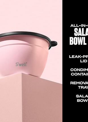 S’well Stainless Steel 64oz Salad Bowl Kit, Pink Topaz Color, Comes with 2oz Mini Canister and Removable Tray for Organization, Leakproof and Dishwasher Safe