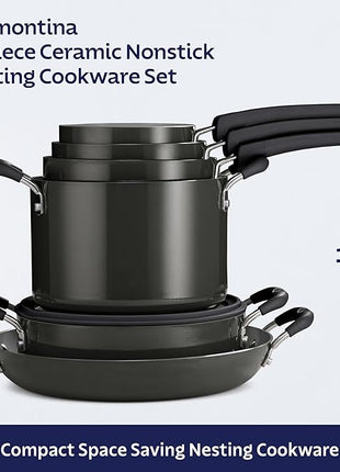 Tramontina Ceramic Non Stick 11-Piece Nesting Pots and Pans Set with Lids - Stackable Nonstick Cookware Set, Dishwasher and Oven Safe, Dark Gray