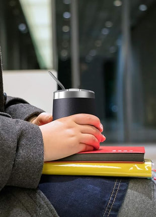 8 Pack 12 oz Stainless Steel Wine Tumbler with Lids, Double Wall Vacuum Insulated Travel Cup Including 8 Straws Set for Coffee, Cocktail, Drink, Tea and Beer (Black)