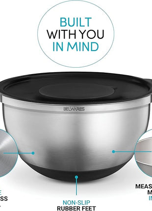 Belwares Mixing Bowls with Lids Set - Nesting Bowls with Graters, Handle, Pour Spout, Airtight Lids - Stainless Steel Non-Slip Mixing Bowl for Cooking, Baking, Prepping, Food Storage (Set of 3)