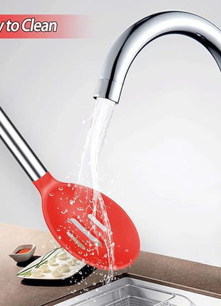 Pack of 2 Large Silicone Cooking Spoons, Non-Stick Stainless Steel Slotted and Solid Spoon Set for Serving, Mixing, Draining, Heat Resistant, Scratch Resistant and BPA Free Kitchen Scoops (Red)