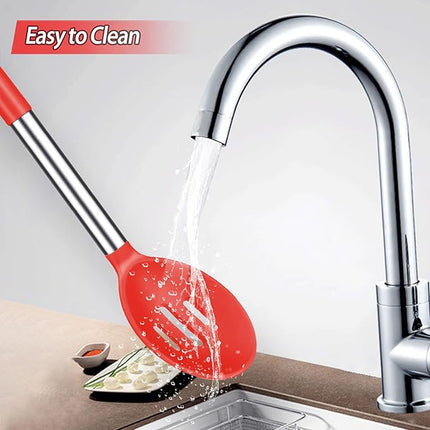 Pack of 2 Large Silicone Cooking Spoons, Non-Stick Stainless Steel Slotted and Solid Spoon Set for Serving, Mixing, Draining, Heat Resistant, Scratch Resistant and BPA Free Kitchen Scoops (Red)