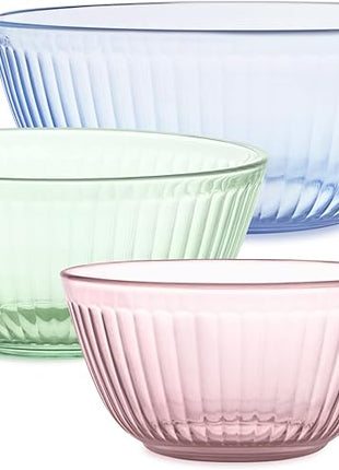 Pyrex Colors Tinted (3-Pack) Sculpted Tinted Unlidded Small/Medium/Large Glass Mixing Bowls, Nesting Space Saving Set of Bowls For Prepping and Baking, 1.3QT, 2.3QT & 4.5QT
