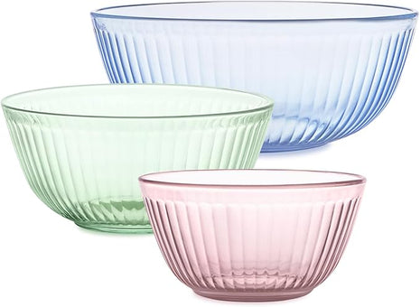 Pyrex Colors Tinted (3-Pack) Sculpted Tinted Unlidded Small/Medium/Large Glass Mixing Bowls, Nesting Space Saving Set of Bowls For Prepping and Baking, 1.3QT, 2.3QT & 4.5QT