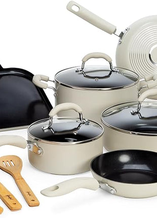 Goodful Ceramic Nonstick Pots and Pans Set, Premium Ceramic Coating Made without PFOA, PTFE or PFAS, Dishwasher Safe, 12-Piece, Cream