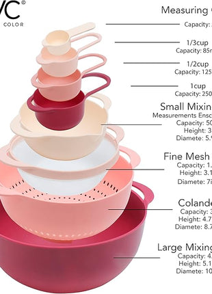 COOK WITH COLOR Nesting Bowls with Measuring Cups Colander and Sifter Set - Includes Mixing Bowls, Colander, Sifter and Measuring Cups, Rose, 8 Pc Bowl