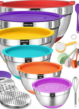 Umite Chef Mixing Bowls with Airtight Lids, 26Pcs Stainless Steel Bowls Set, 3 Grater Attachments & Colorful Non-Slip Bottoms Size 7, 4, 2.5, 2.0,1.5, 1QT, Great for Mixing & Serving