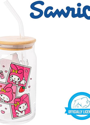 Silver Buffalo Sanrio Hello Kitty and Friends My Melody Polaroids Glass Jar Tumbler with Bamboo Lid and Glass Straw, 16 Ounces