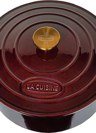La Cuisine Enameled Cast Iron Dutch Oven Casserole Dish Pot with Lid, 5 QT 10.3“ /26cm Dia. Internal Matte Black Enamel Coating Gold-Plated SS Lid Handle Oven Safe up to 500° F, Cranberry