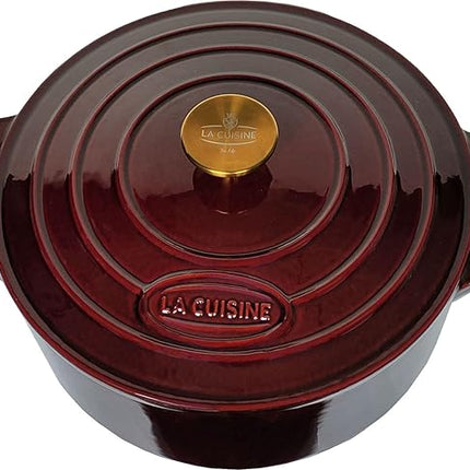 La Cuisine Enameled Cast Iron Dutch Oven Casserole Pot with Lid 6.5 QT 11" /28cm Dia. Internal Matte Black Enamel Coating Gold-Plated SS Lid Handle Oven Safe up to 500° F for bread baking, Cranberry