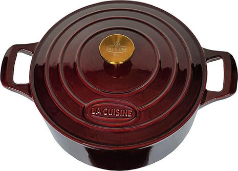 La Cuisine Enameled Cast Iron Dutch Oven Casserole Pot with Lid 6.5 QT 11" /28cm Dia. Internal Matte Black Enamel Coating Gold-Plated SS Lid Handle Oven Safe up to 500° F for bread baking, Cranberry