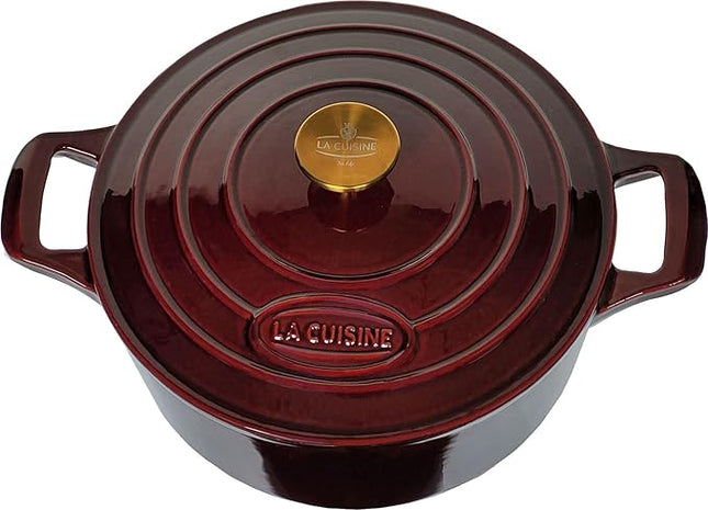La Cuisine Enameled Cast Iron Dutch Oven Casserole Pot with Lid 6.5 QT 11" /28cm Dia. Internal Matte Black Enamel Coating Gold-Plated SS Lid Handle Oven Safe up to 500° F for bread baking, Cranberry