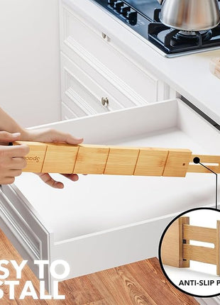 SpaceAid Bamboo Drawer Dividers with Inserts and Labels, Kitchen Adjustable Drawer Organizers, Expandable Organization for Home, Office, Dressers, 10 Dividers with 24 Inserts (17"-22" Natural)