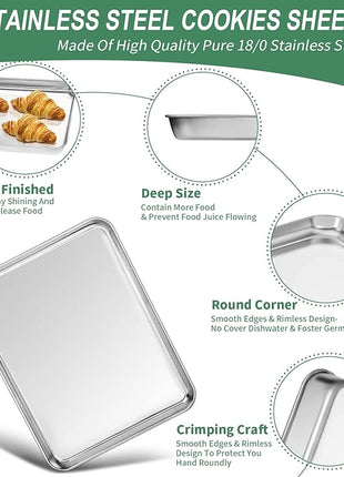 Baking Sheets Set of 2, HKJ Chef Cookie Sheets 2 Pieces & Stainless Steel Baking Pans & Toaster Oven Tray Pans, Rectangle Size 12.5Lx10Wx1H inch & Non Toxic & Healthy & Easy Clean