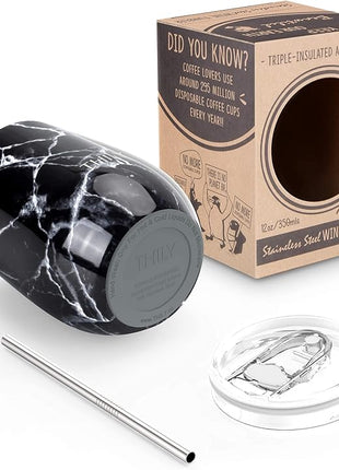THILY Wine Tumbler Stainless Steel Insulated Stemless Wine Glass with Lid and Straw, Travel Cup Keep Cold for Coffee, Cocktails, Black Marble