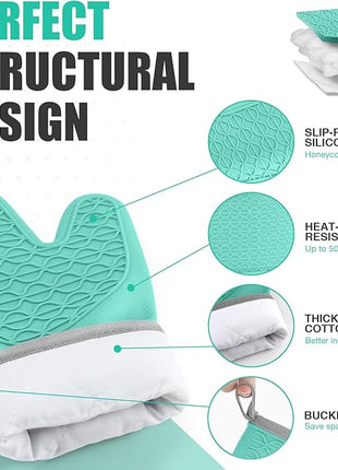 Silicone Oven Mitts, Heat Resistant 2PCS Oven Mitts with Soft Cotton Lining, Waterproof Non-Slip Grip Oven Glove, Kitchen Potholder Mits for BBQ, Baking, Cooking, 12.5 Inch - Green