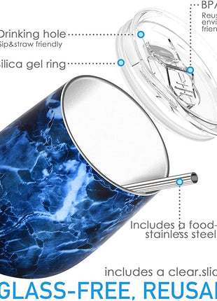 THILY Wine Tumbler Stainless Steel Insulated 12 oz Stemless Wine Glass with Slide Lid and Metal Straw, Travel Cup Keep Cold for Coffee, Cocktails, Abysmal Sea