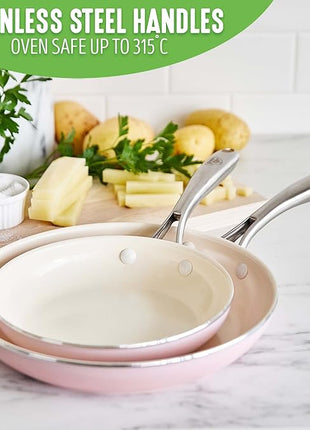 GreenLife Artisan Healthy Ceramic Nonstick, 8" and 10" Frying Pan Skillet Set, Stainless Steel Handle, Induction, PFAS-Free, Dishwasher Safe, Oven Safe, Pink