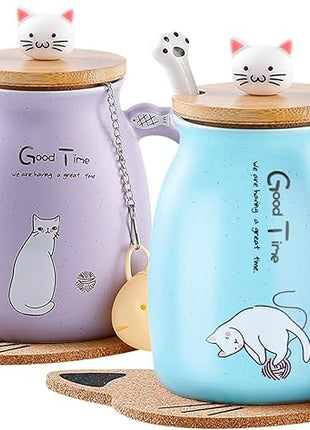 BigNoseDeer 2Pcs Kawaii Tea Cup with Infuser Ceramic Cat Mug Cute Mugs Coffee Mugs Gifts for Cat Lovers Cute Cool Preppy Stuff Mother's Day Gifts for Women 13oz
