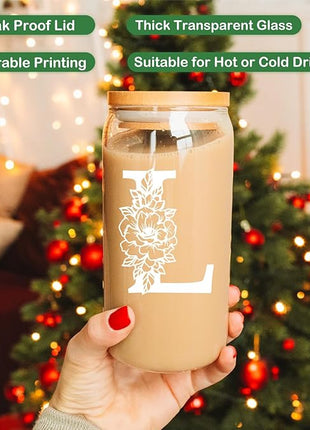 Coolife Initial Glass Cup, Monogrammed Gifts for Women, 16 oz Glass Cups w/Lids Straws, Iced Coffee Smoothie Beer Tumbler w/Straw Lid - Personalized Christmas, Birthday Gifts for Her Mom Friend Woman