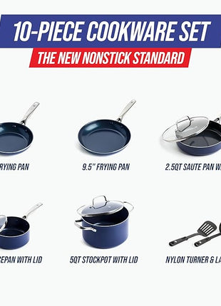 Blue Diamond 10 Piece Nonstick Cookware Set, Diamond Ceramic Pots & Pans, Dishwasher & Metal Utensil Safe, Non Toxic PFAS-Free, Kitchen Cooking Sauce & Saute Pans, Oven & Broiler to 600F, Blue