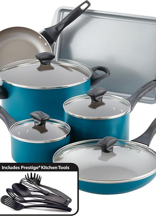 Farberware 20361 Dishwasher Safe Nonstick Cookware Set / Pots and Pans Set - 15 Piece, Blue
