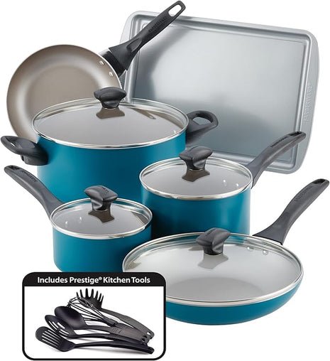 Farberware 20361 Dishwasher Safe Nonstick Cookware Set / Pots and Pans Set - 15 Piece, Blue