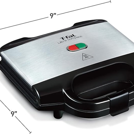 T-fal Compact Sandwich Maker, Stainless Steel, Easy to Clean, Indicator Lights, Cool Touch Handle, Grilled Cheese, Panini, 625 Watts, Black
