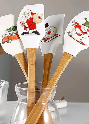 Silicone Spatula, Caliamary 3 Pieces Kitchen Silicone Spatula Set, Christmas Cake Decorating Spatula with Wooden Handle, Snowman Gingerbread Man and Santa Claus Pattern… (Santa Claus)