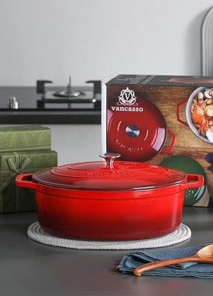 vancasso Enameled Cast Iron Dutch Oven, 9.3 Quart Dutch Oven Pot with Lid, Oval Dutch Oven Cast Iron Pot with Non Stick Enamel Coating for Bread Baking, Red