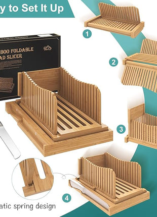 Bamboo Bread Slicer with Serrated Knife, Adjustable Guide for 3 Thickness Sizes, Foldable Chopping Board with Crumb Tray, Great for Homemade Bread, Cakes, Bagels