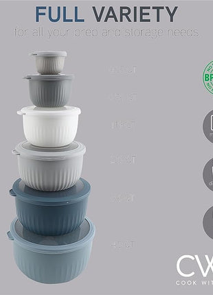 COOK WITH COLOR Prep Bowls with Lids- Wide and Deep Nesting Plastic Small Mixing Bowl Set with Lids, 12 Piece Set - Deep Bowls, Blue/Grey