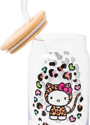 Silver Buffalo Sanrio Hello Kitty Leopard Print Glass Tumbler with Bamboo Lid and Glass Straw, 16 Ounces