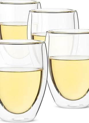 Brew To A Tea - WineGlass, 4 Pack, 12 oz (350 ml), Double Wall Stemless Wine Glass, Christmas Gifts