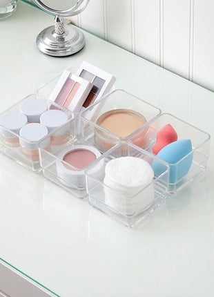 STORi SimpleSort 6-Piece Stackable Clear Drawer Organizer Set | 3" x 3" x 2" Square Trays | Small Makeup Vanity Storage Bins and Office Desk Drawer Dividers | Made in USA