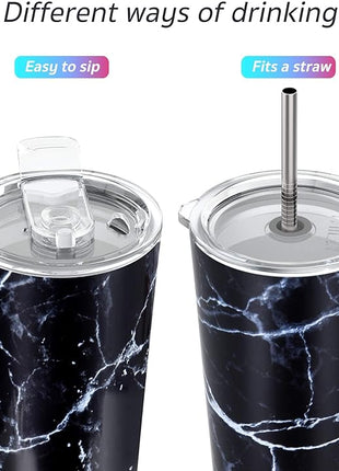 THILY Stainless Steel Vacuum Insulated Tumbler Travel Mug 26 oz Coffee Cup with 2 Lids and Straws, Splash Proof, Keep Ice Drinks Cold, Black Marble