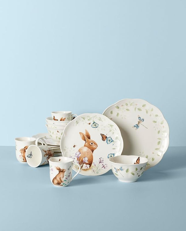 Lenox Dinnerware Set, Butterfly Meadow Bunny 16-Piece Set, Service For 4, Dishwasher Safe, Microwave Safe, Made Of Porcelain, Bowls And Mugs, Plates And Bowls, Easter Dish (Assorted, 16 Pieces)