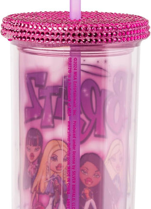 Silver Buffalo Bratz Featuring Cloe, Yasmin, Jade, and Sasha Plastic Tall Cold Cup with Rhinestones Lid and Straw, 20 Ounces