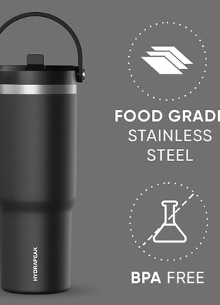 Hydrapeak Nomad 32 oz Tumbler with Handle and Straw Lid, Leakproof, Double Insulated, 32oz Cup, Stainless Steel | Black