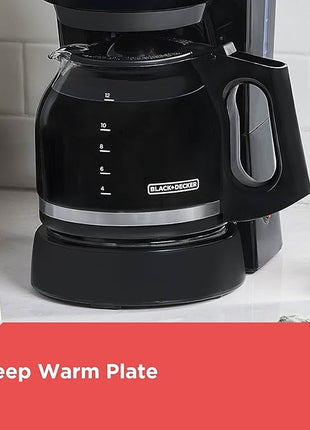 BLACK+DECKER 12-Cup Coffee Maker with Easy On/Off Switch, Easy Pour, Non-Drip Carafe with Removable Filter Basket, Vortex Technology, Black